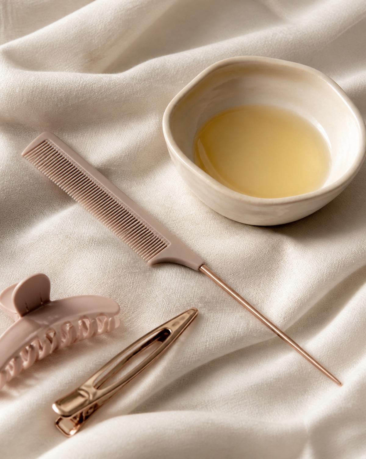 Editorial styling tools — precision comb, clips, and hair oil